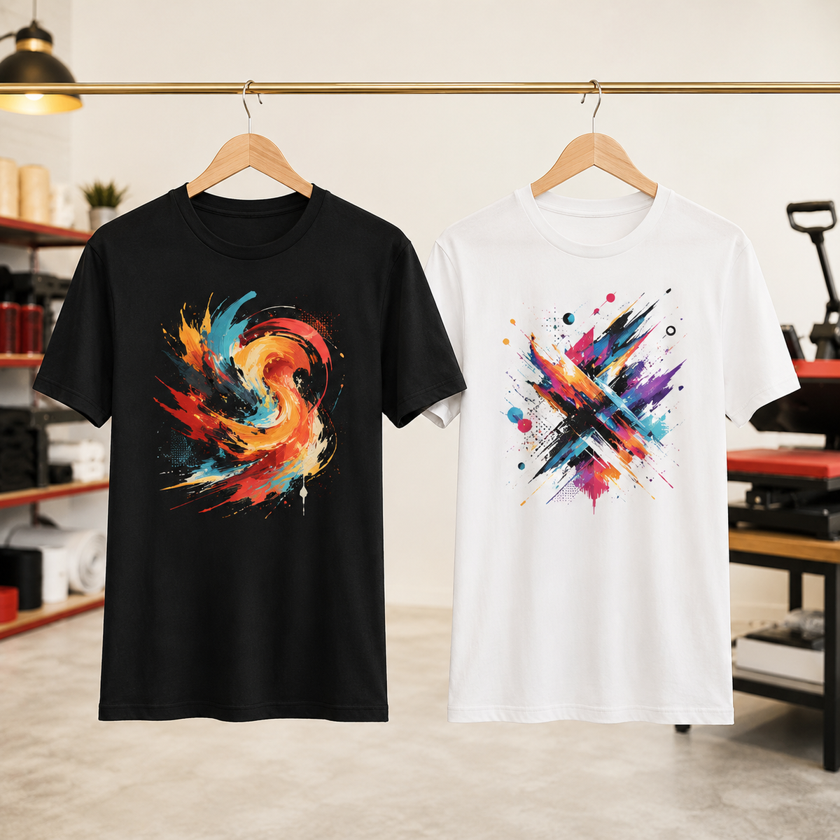 Black and white Bella+Canvas 3001 custom DTF shirts in Noble-T studio