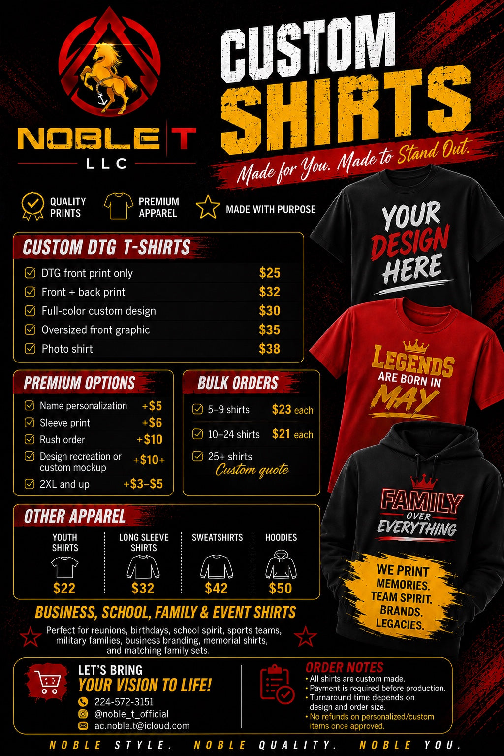 Noble-T premium custom DTF shirts price list and bulk order options