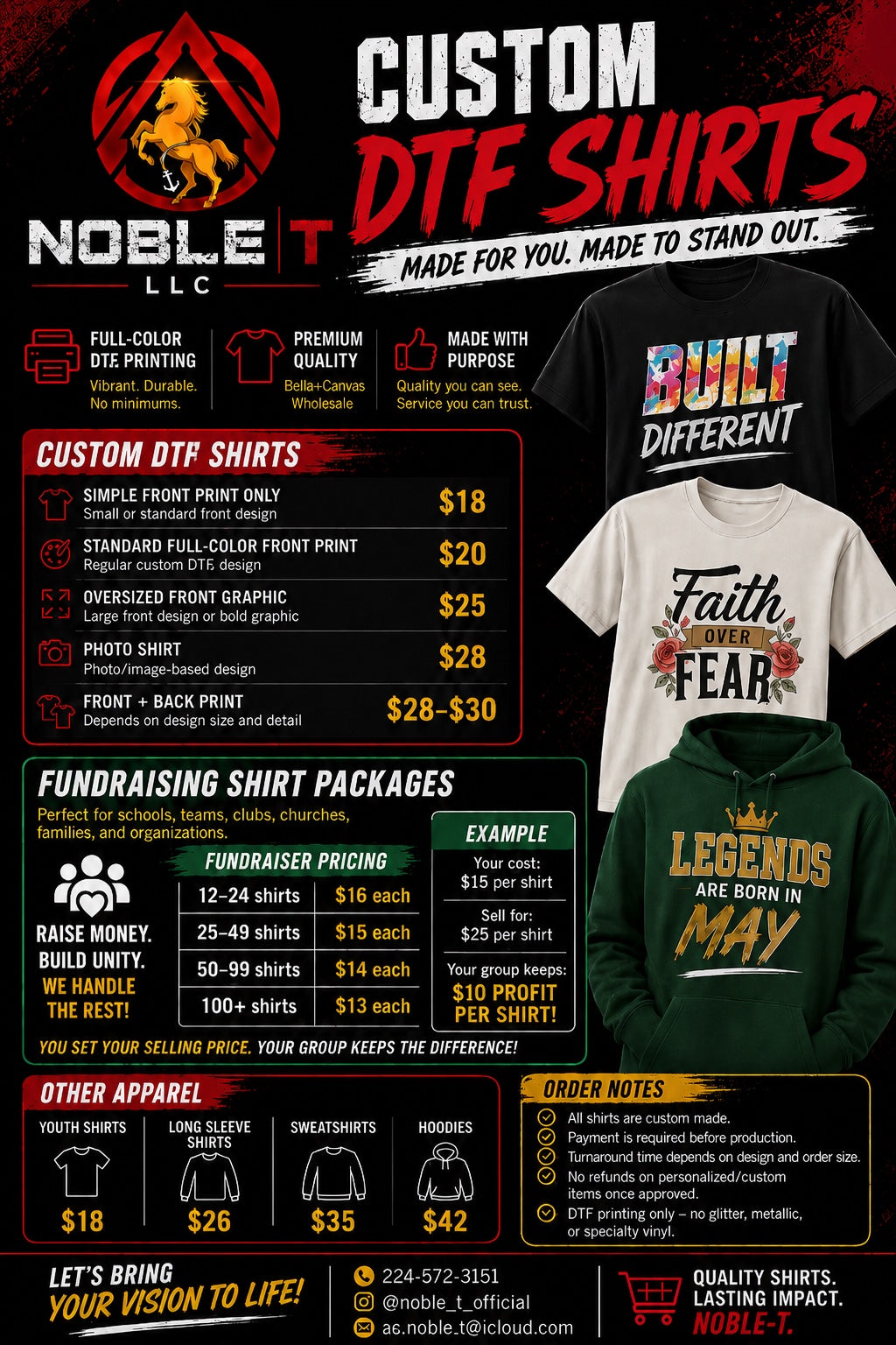 Noble-T custom DTF shirts price list and fundraiser packages