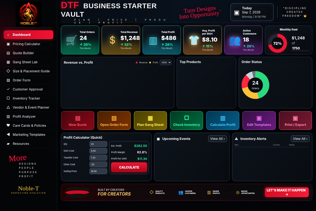 Actual DTF Business Starter Vault dashboard