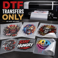 Full-color DTF transfer sheets printed by Noble-T; transfer only, no shirt included